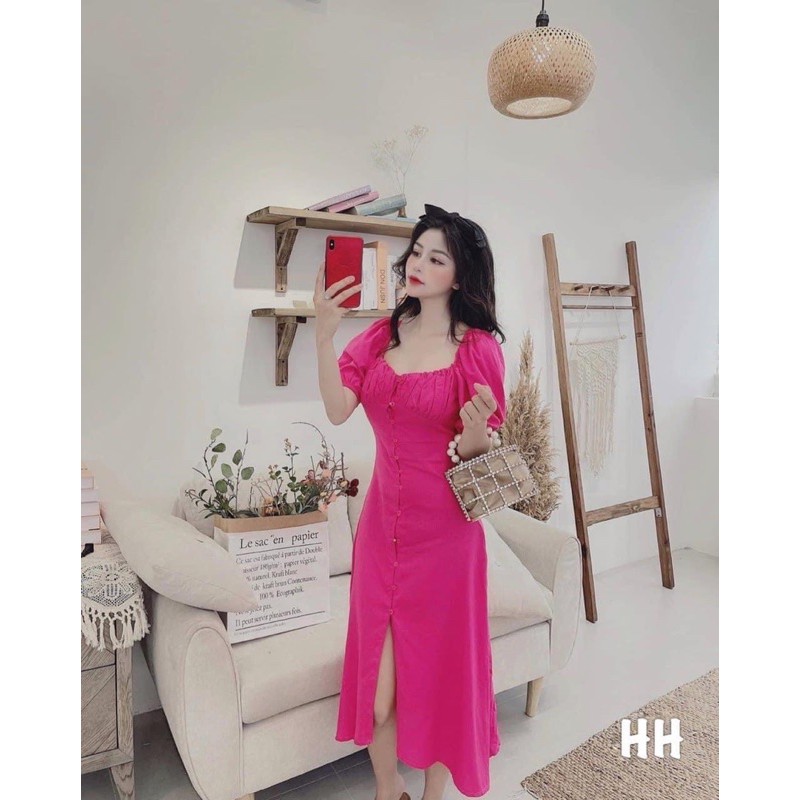 Váy maxi hồng sen xẻ trước dáng xoè tay bồng dáng dài siêu xinh, Đầm nữ tiểu thư đi biển tôn dáng hàng hot trend | BigBuy360 - bigbuy360.vn