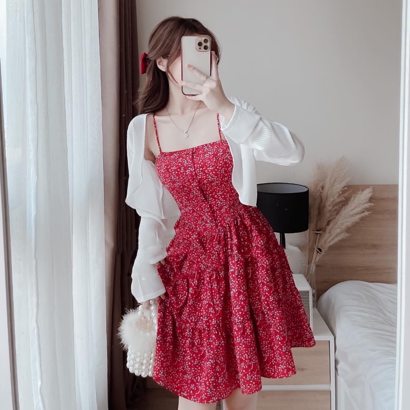 Set Đầm Hoa Đỏ 2 Dây Phối Khoác Cardigan Ngoài [ Ảnh thật 100% ]
