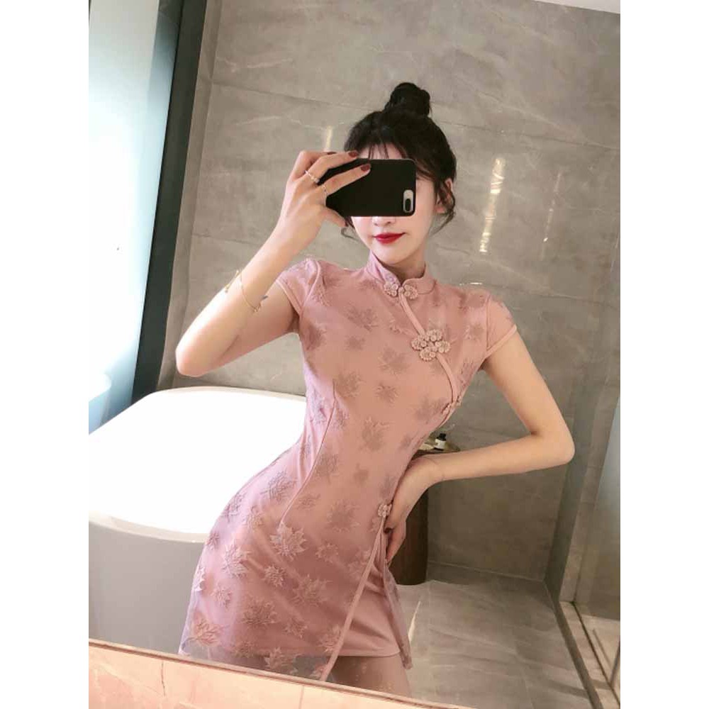 Sườn xám ngắn hoa phối renôm body quyến rũ ẢNH THẬT CUỐI J0125 | BigBuy360 - bigbuy360.vn