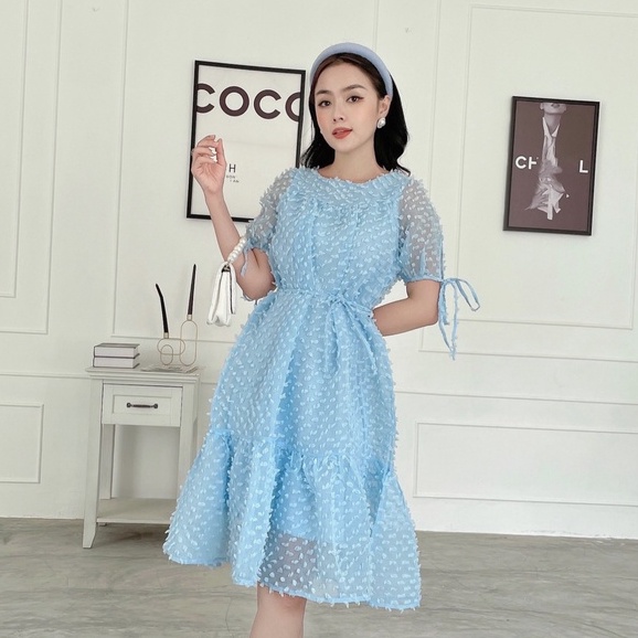 Đầm Đi Tiệc NHẬT VY Cổ Tròn Dáng Suông Phối Đuôi Cá Tay Thắt Nơ Có Dây Cột Eo Chất Xô Linen Màu Xanh, Đen, Kem - D2356