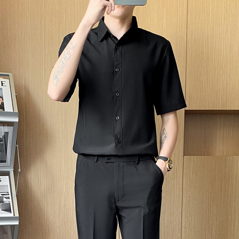 Áo sơ mi ngắn tay nam Trendyman lụa trắng cao cấp, Áo sơ mi nam tay lỡ form Slimfit phong cách chuẩn Hàn Quốc