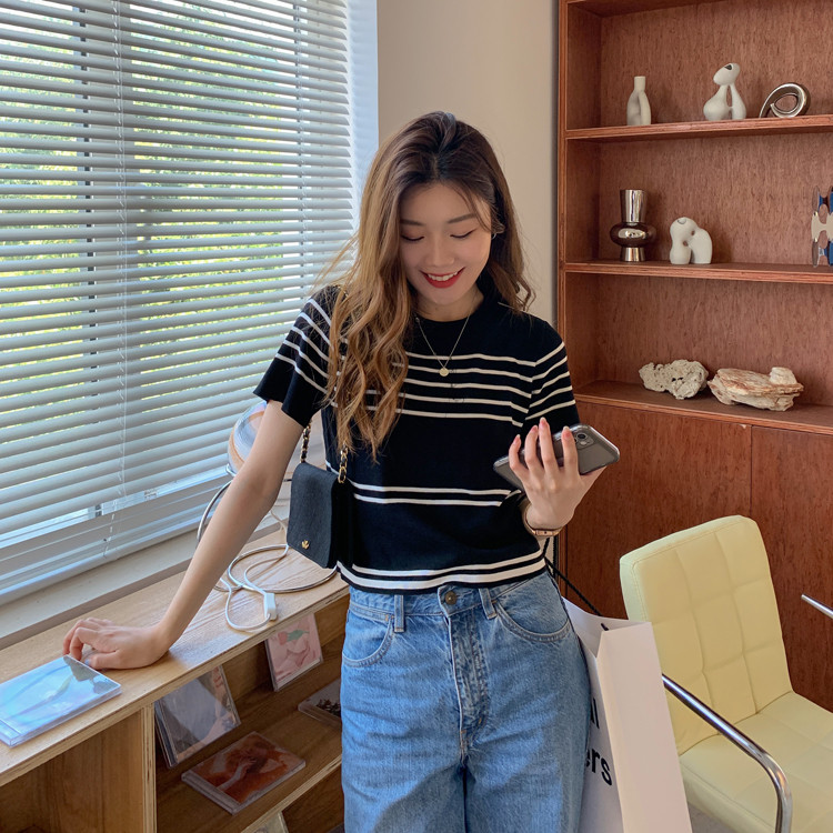 Áo thun dệt kim tay ngắn kẻ sọc phong cách mới thời trang cho nữ 43173