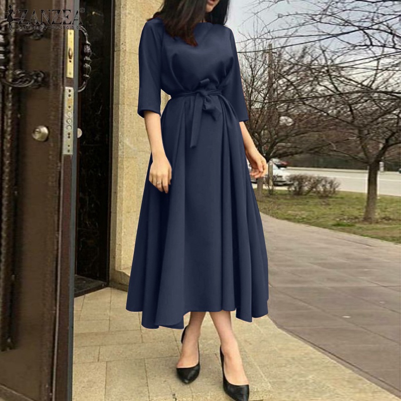 Đầm midi ZANZEA dáng chữ a tay lửng phối thắt lưng thời trang đường phố châu Âu cho nữ