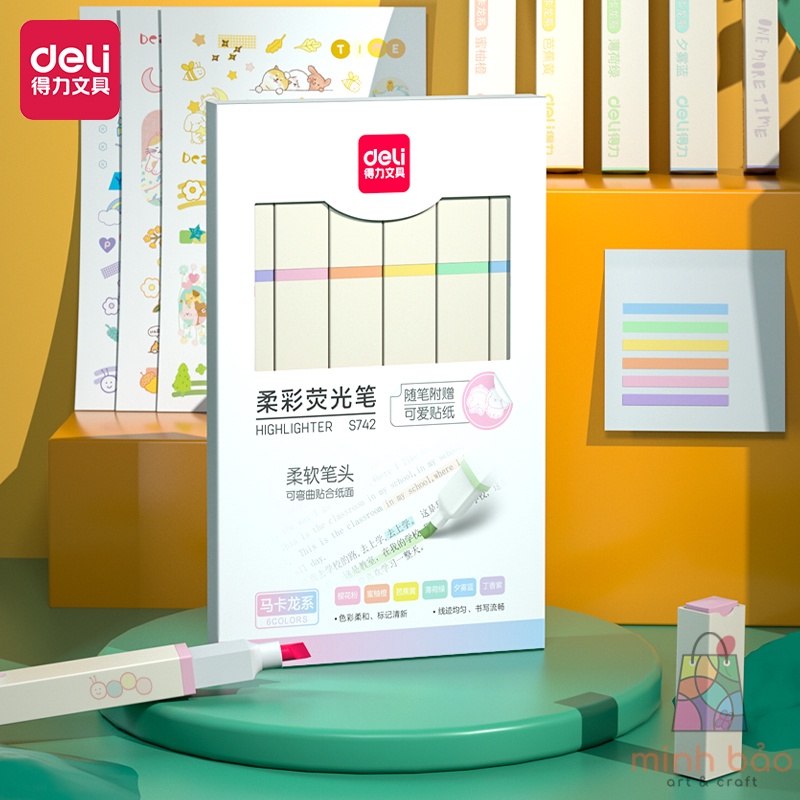 BỘ 6 BÚT HIGHLIGHT NHỚ DÒNG KÈM STICKER TRANG TRÍ ĐÁNH DẤU MÀU PASTEL DELI DẠ QUANG TIỆN LỢI CHO HỌC SINH VĂN PHÒNG