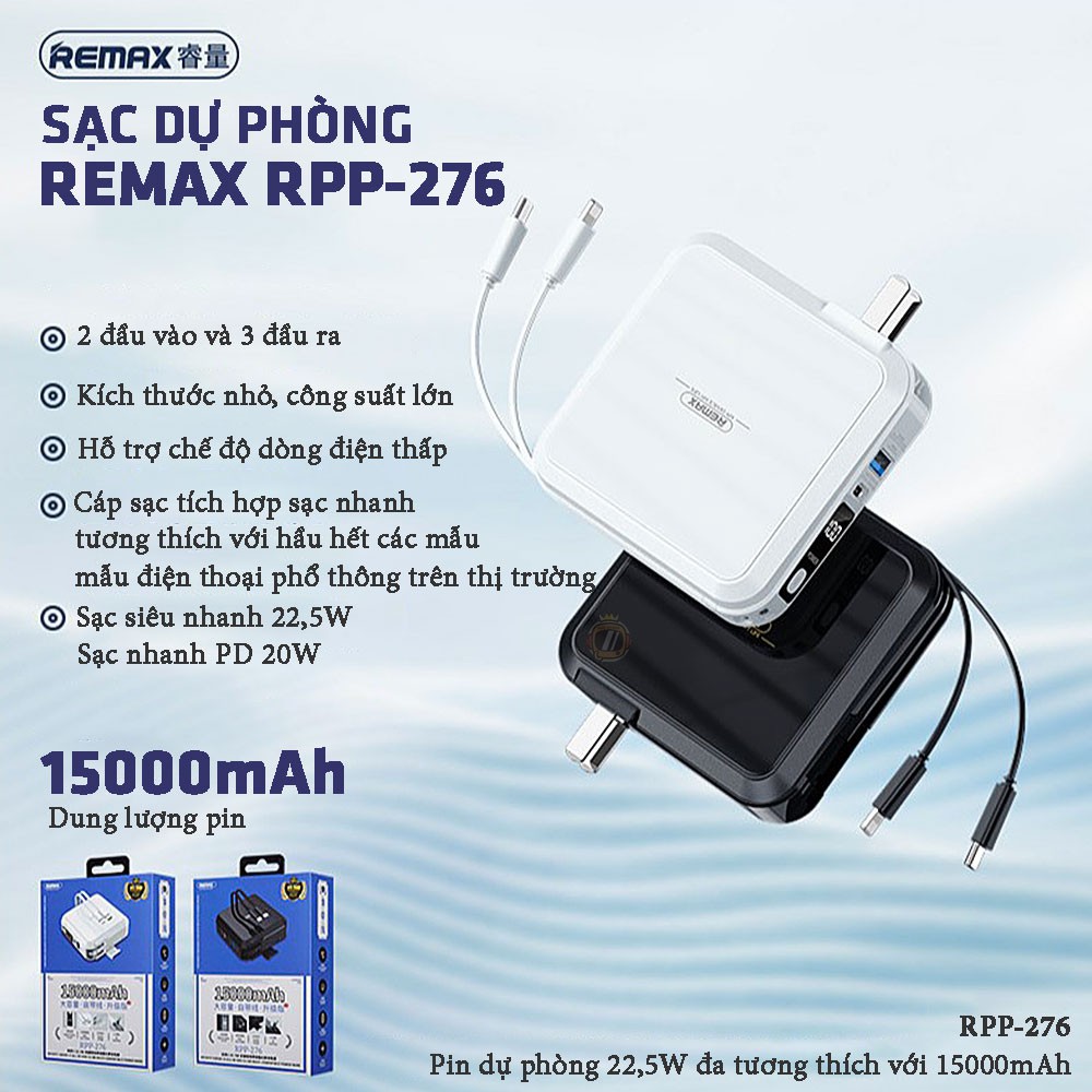 Sạc dự phòng 15000mAh có đèn led - Sạc dự phòng đa năng 22.5W tích hợp cốc sạc - Remax RPP 276