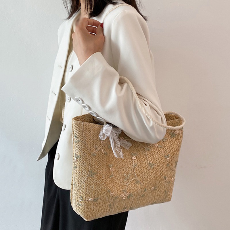 Túi Xách Nữ Túi Cói Đeo Vai Sức Chứa Lớn Phối Ren Thêu Họa Tiết Phong Cách Phương Tây Thời Trang Cho Nữ