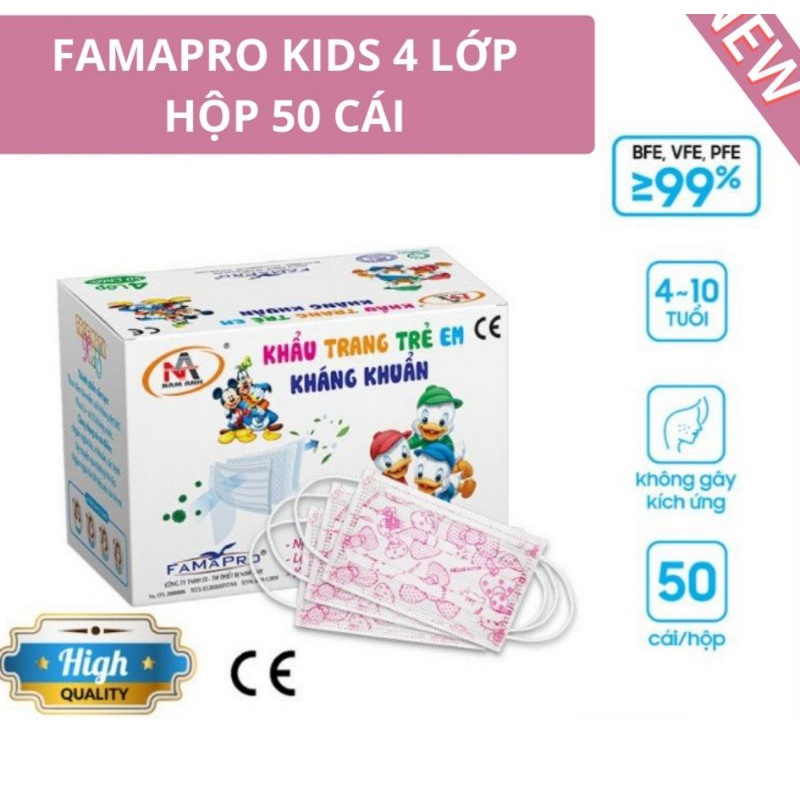 Khẩu trang y tế trẻ em Famapro Kháng Khuẩn.Hộp 50 cái màu trắng