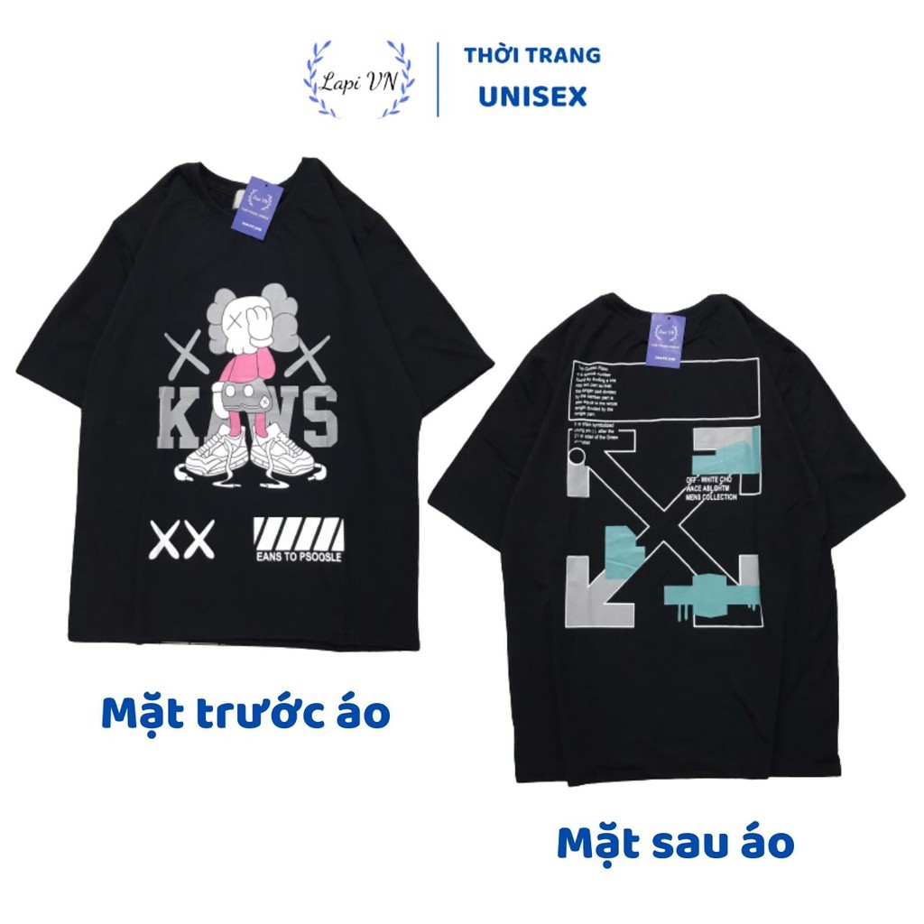 Áo Thun Nam Nữ Unisex Kaws 2 Màu Đen Trắng -Lapi VN, Chất Cotton Form Rộng Tay Lỡ Cổ Tròn Freesize, Big Size