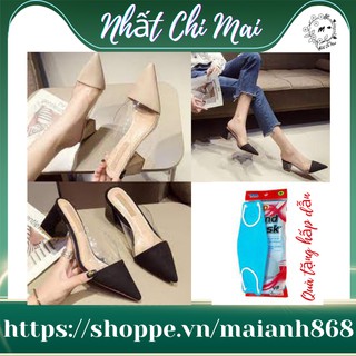 Sục Giày cao gót vuông quai trong pha mũi nhọn 6cm 2 màu đen be siêu hot