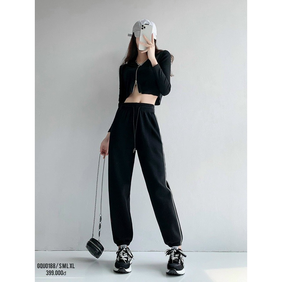 Quần jogger nữ chất tổ ong viền sọc ống rộng có dây rút bo gấu phong cách Hàn Quốc