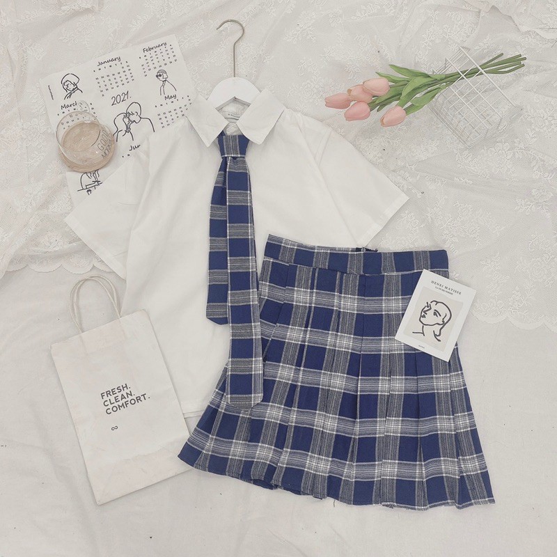 Set áo sơ mi ngắn tay mix chân váy caro kèm cà vạt💕𝑭𝑹𝑬𝑬𝑺𝑯𝑰𝑷💕 | BigBuy360 - bigbuy360.vn
