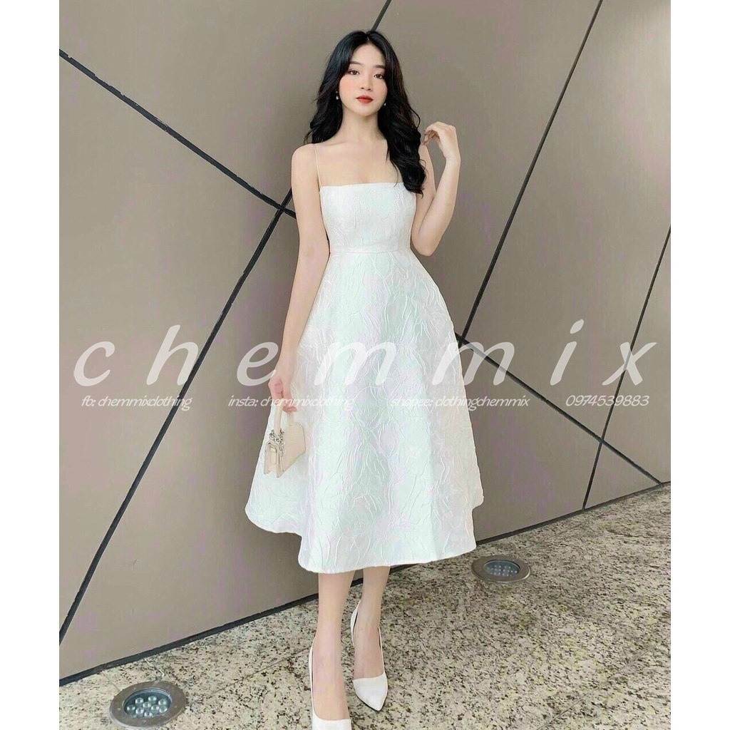 Đầm gấm hoa 2 dây dáng xòe ChemMix thiết kế tiểu thư siêu sang cho nàng dự tiệc, dạ hội
