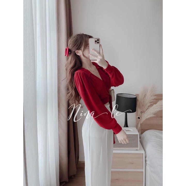 Set áo chéo vạt thắt nơ mix quần sớ