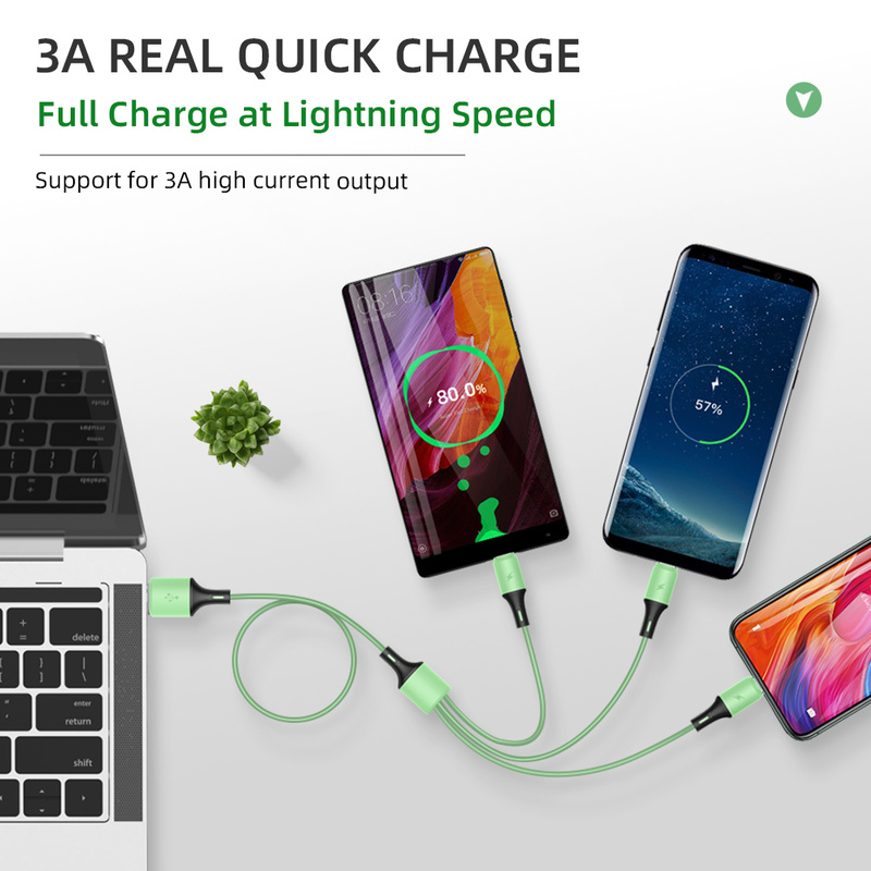 Universal 3 In 1 Fast Charging USB Cable/ Liquid Soft Silicone Fast Charge Line/ USB-C Data Transmission Line