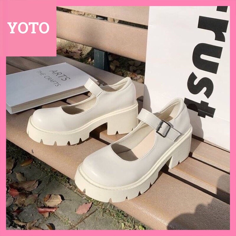 Giày búp bê lolita công chúa đế cao 6cm trắng đen có sẵn