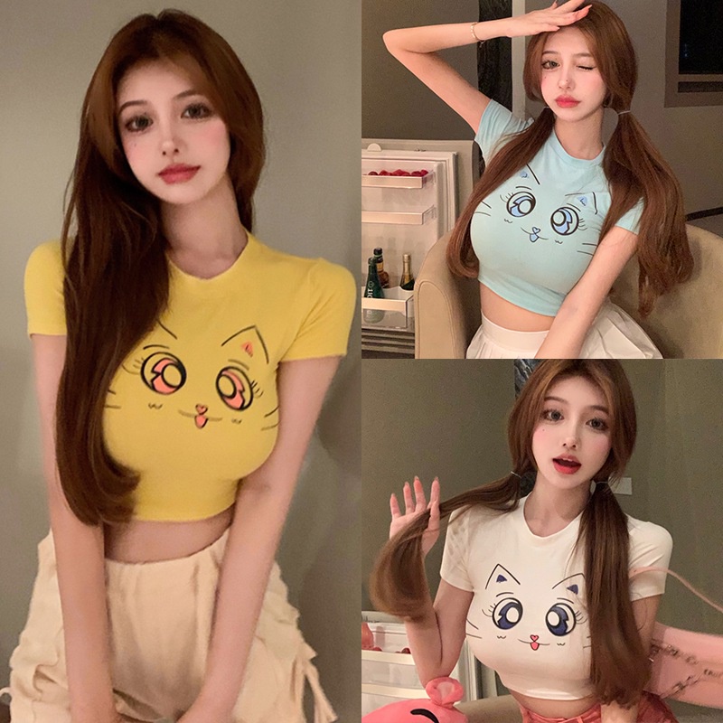 Áo Thun Croptop Tay Ngắn Cổ Tròn In Hoạt Hình Kiểu Hàn Quốc Thời Trang Mùa Hè Năng Động