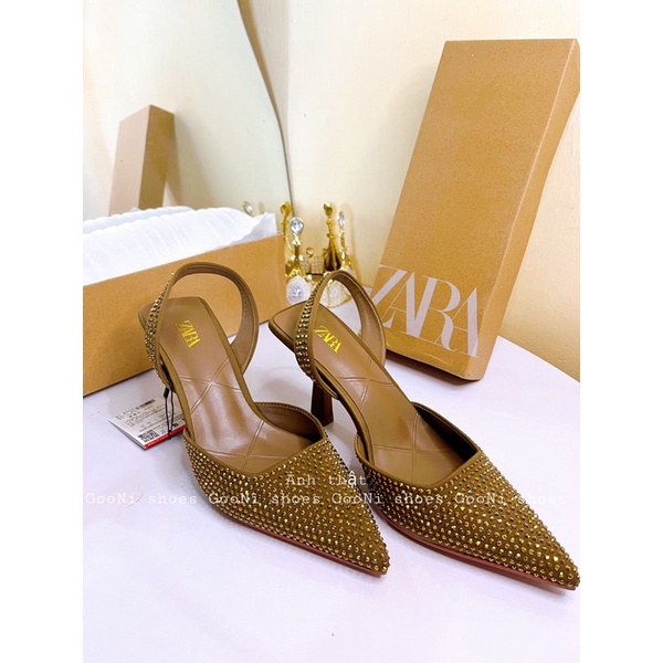 Giày cao gót mũi nhọn Zara xuất dư cao 7cm, giày slingback lấp lánh thời trang cho nữ full box đầy đủ tem mác