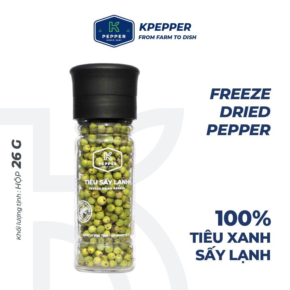 Tiêu xanh sấy lạnh nguyên chất tiệt trùng kèm cối xay tiêu 26g thương hiệu K PEPPER