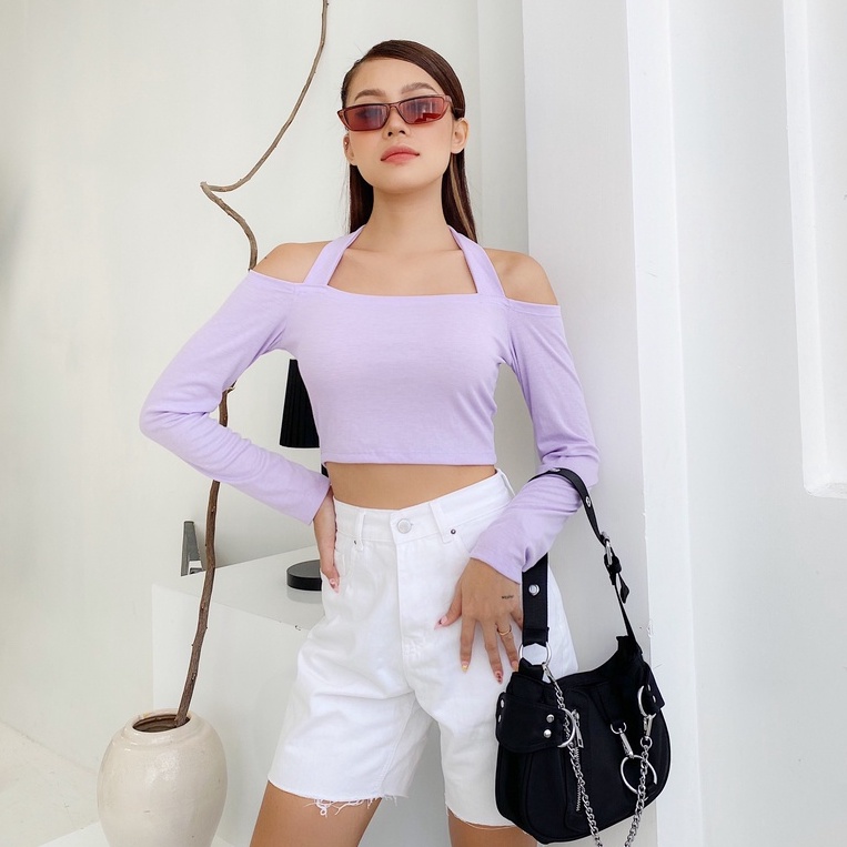 Áo croptop tay dài bẹt vai POSIZ áo croptop ôm dây yếm bản to A147