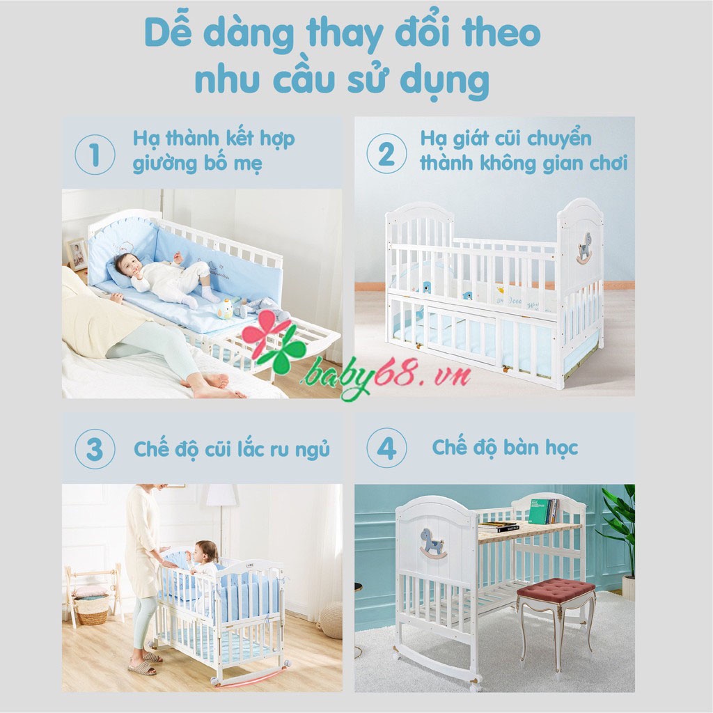 Nôi cũi giường Umoo 2 tầng, cũi gỗ thông 5in1 đa năng cho bé 3 tặng kèm bánh xe