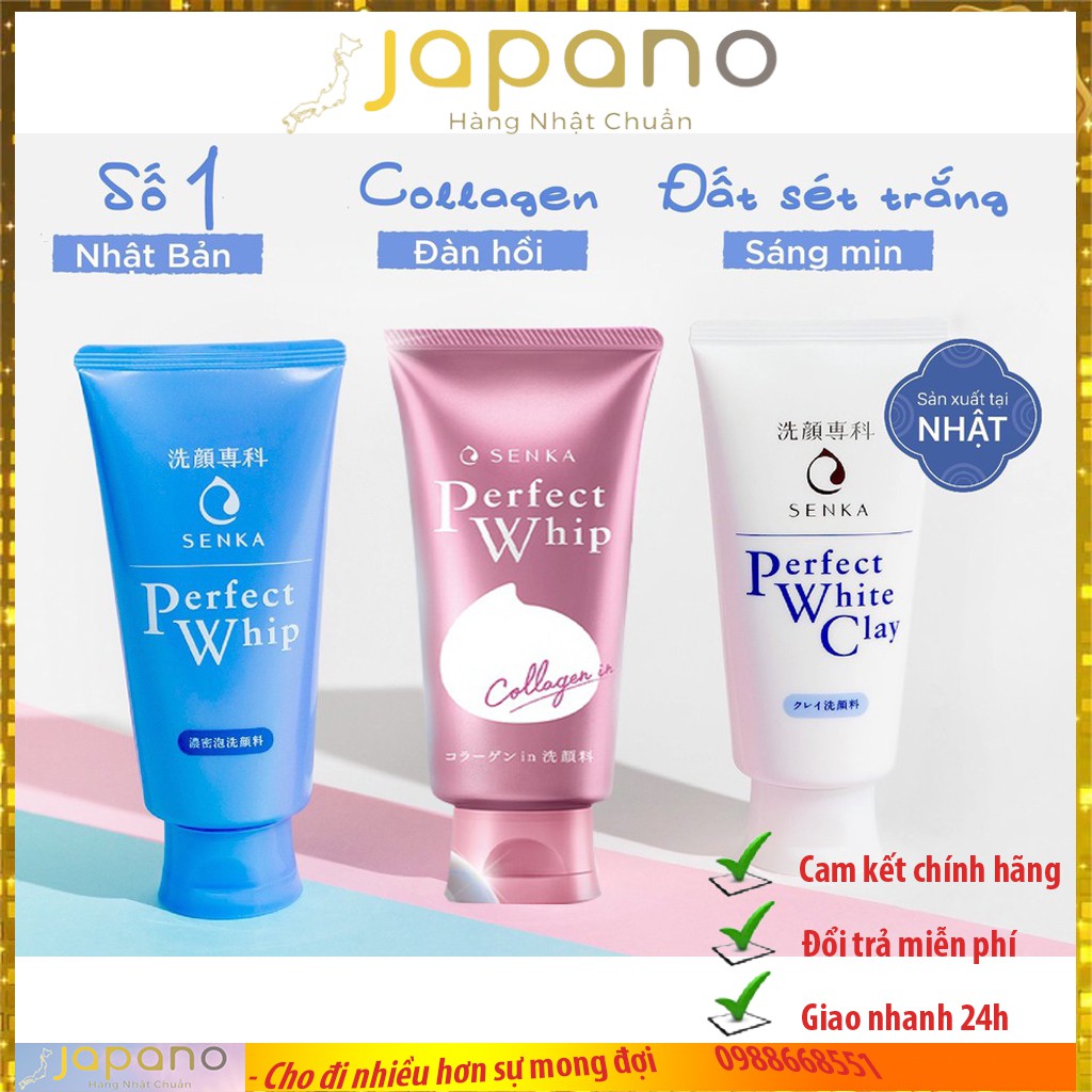 Sữa rửa mặt Senka Perfect Whip Nhật Bản trắng da bổ sung Collagen 120g - Japano