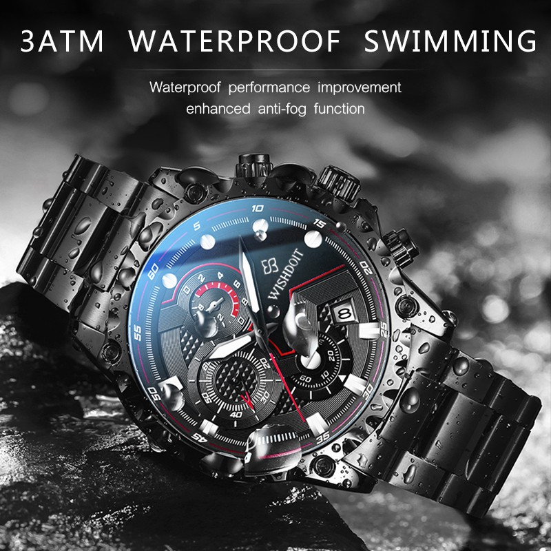 【Official product】WISHDOIT True Three Eyes Chronograph Stainless steel watch strap Sports swimming diving watch Men's quartz watch Calendar Luminous Business casual watches