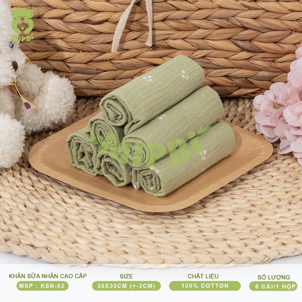 Set 6 Khăn Sữa Nhăn 2 Lớp Mipbi Cao Cấp ( kích thước  30*30cm ) KSN-02