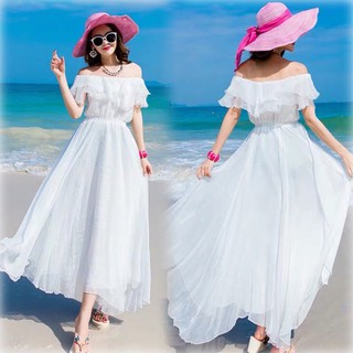 [Sẵn] Đầm trắng trễ vai công chúa chụp kỷ yếu. Váy maxi trắng đi biển