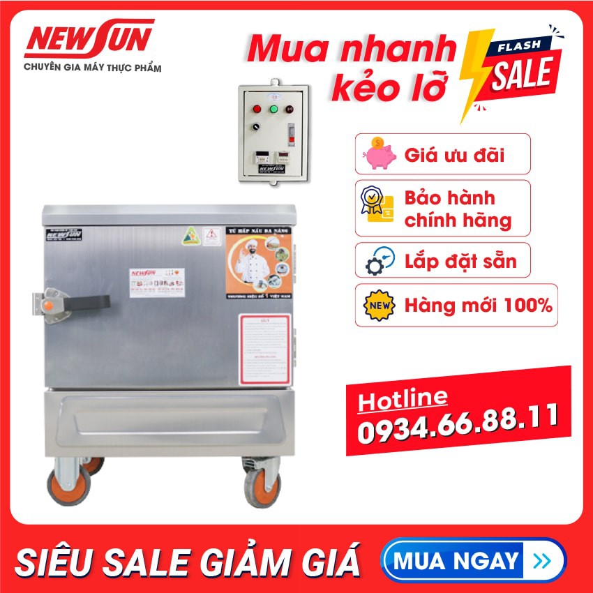 Tủ nấu cơm  12 kg gạo/mẻ bằng điện 4 khay Nhập Khẩu NEWSUN - Bảo hành 12 tháng