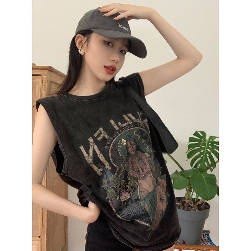 Áo Thun Sát Nách Form Rộng Phong Cách Retro Dành Cho Nữ