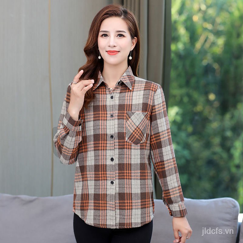 Áo sơ mi cotton tay dài kẻ sọc caro thời trang phong cách mùa thu dành cho phụ nữ trung niên