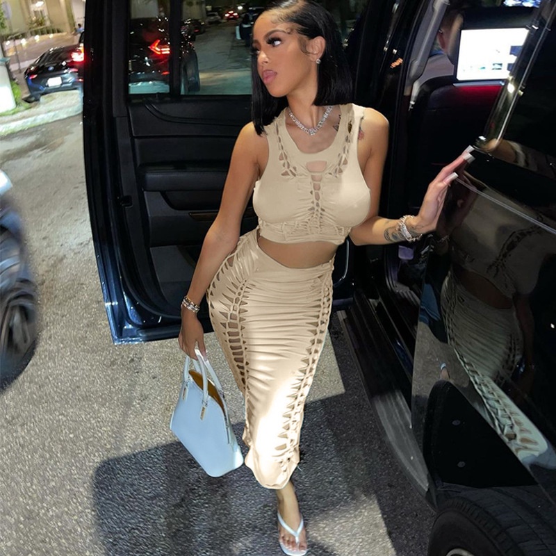 DUNEA Set Áo Tank Top Cổ Yếm + Chân Váy Lưng Cao Thời Trang Nữ