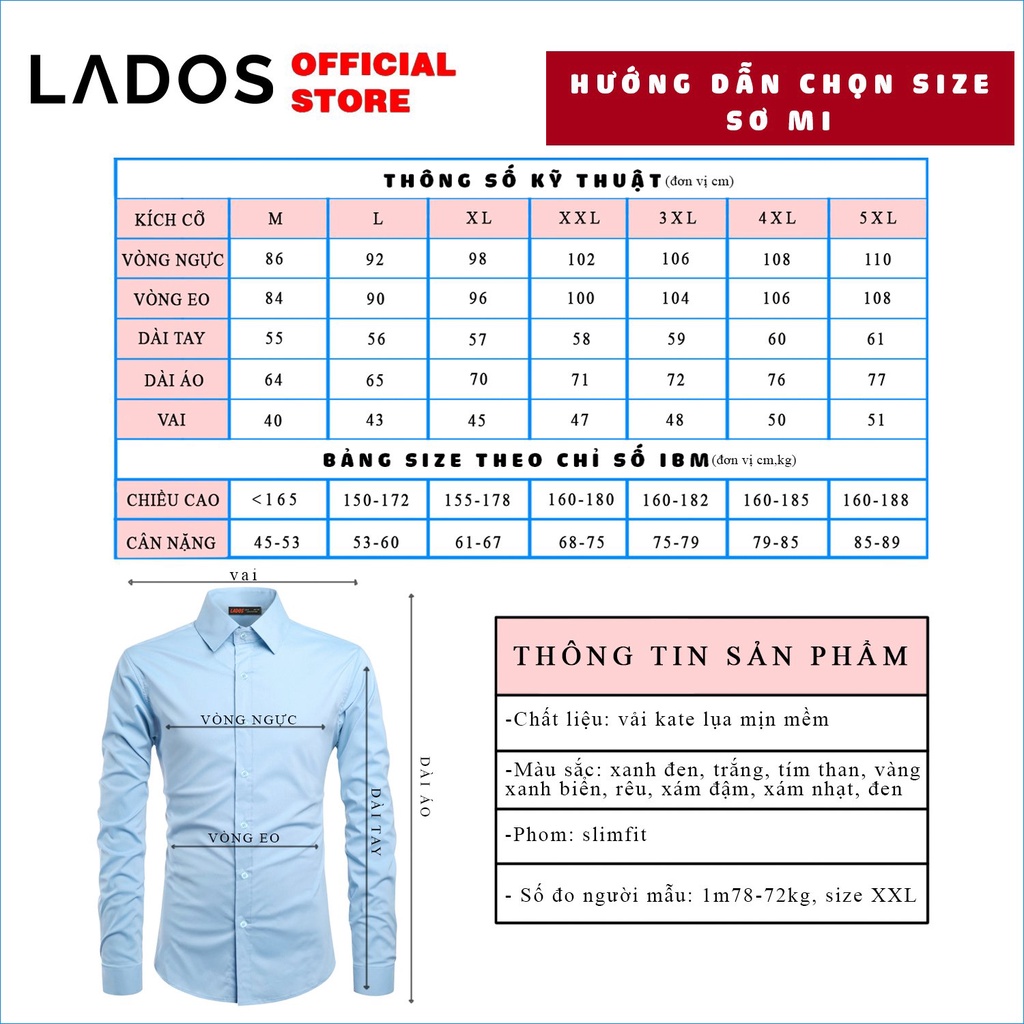 Áo sơ mi trơn form Hàn Quốc cho nam LADOS - 3523 chất kate lụa mềm mại thoáng khí