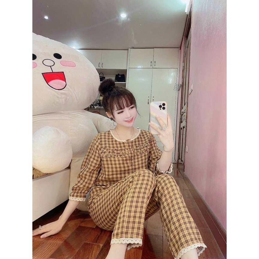 Bộ đồ mặc nhà kẻ viền ren bo tay