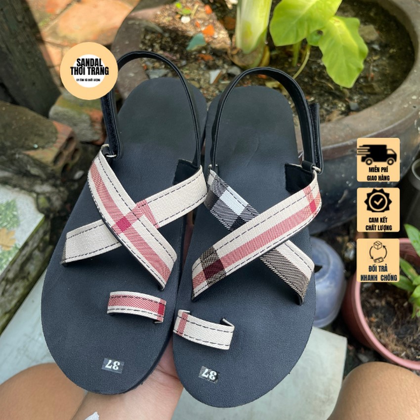 Dép quai hậu nữ nam, SANDALTHOITRANG Dép sandal nữ xỏ ngón A24 Đế đen full size 30-44