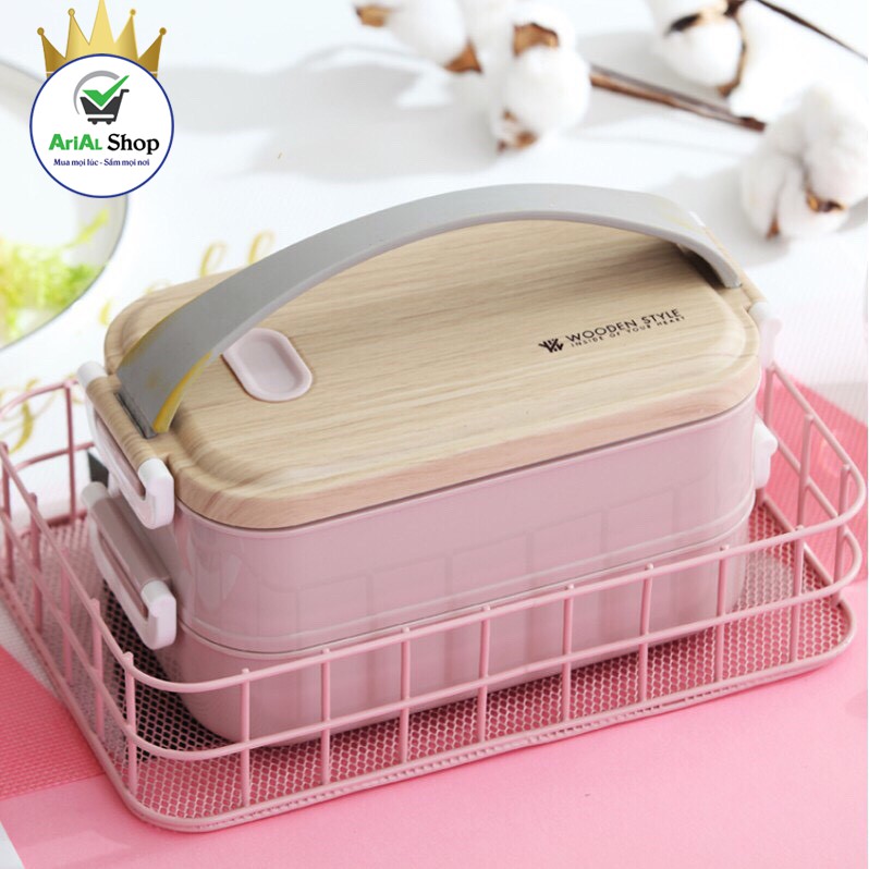 [Kèm Túi] Hộp Đựng Cơm WOODEN STYLE 2 Tầng Ruột Inox Tháo Rời HC01 | BigBuy360 - bigbuy360.vn