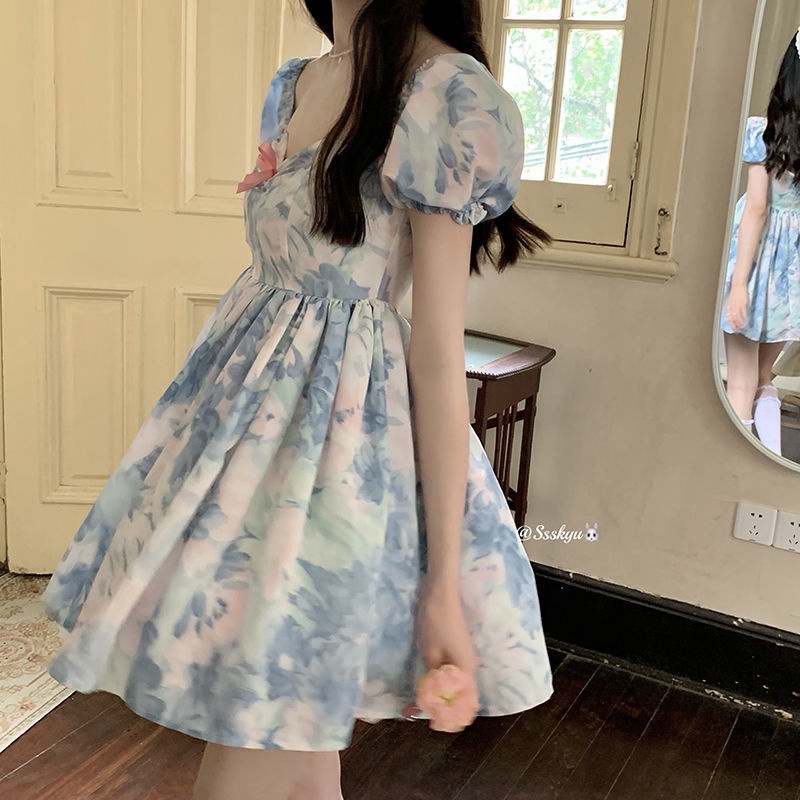 Đầm Tay Phồng Ngắn Ôm Eo Màu Sắc Phong Cách Pháp Thời Trang Mùa Hè 2022