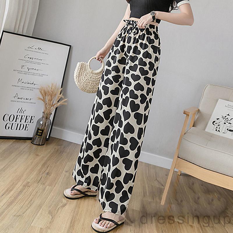 Quần dài lưng cao ống rộng in họa tiết trái tim thời trang cho nữ