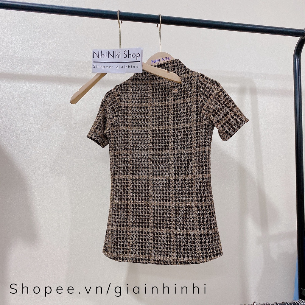 Áo nhũ kẻ cổ cao 3P dáng ôm ngắn tay, Áo kiểu cổ leo tag cài rời AN5211 - NhiNhi Shop
