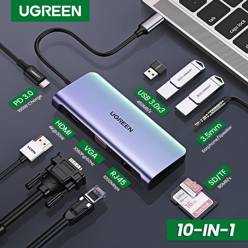 Hub Chuyển USB Type C 10 in1 Cao Cấp Ugreen 80133 Chính Hảng CM179