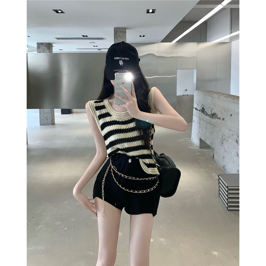 LALISAS Áo Len Không Tay Họa Tiết Kẻ Sọc Thời Trang Hàn Quốc Dễ Phối Đồ Cho Nữ