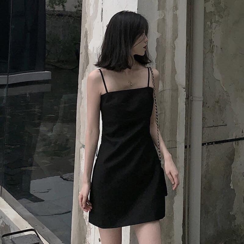 Váy nữ 2 dây trơn đen, đầm hai dây ôm body quyến rũ