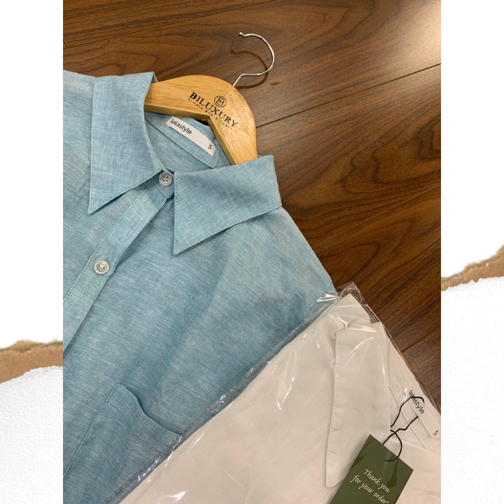 Áo sơ mi xanh đậm linen thiết kế Lalastyle