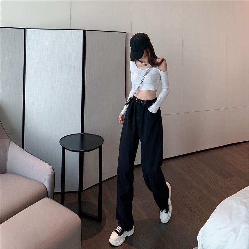 Cocory vn Quần jeans lưng cao ống rộng thời trang cho nữ