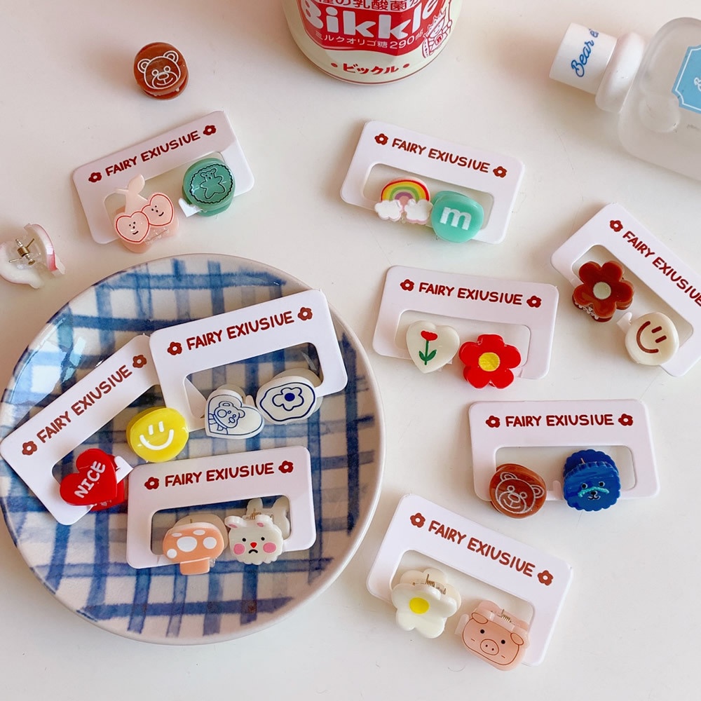 Set 2 kẹp tóc Mini hình gấu hoạt hình màu kẹo dễ thương phong cách Hàn Quốc cho học sinh