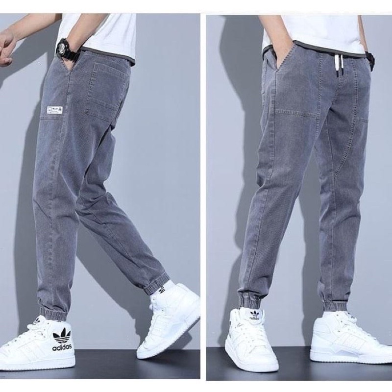 Quần jogger jean bò chun gấu 2 màu xanh xám basic phong cách Hàn Quốc đủ size nam 28-32