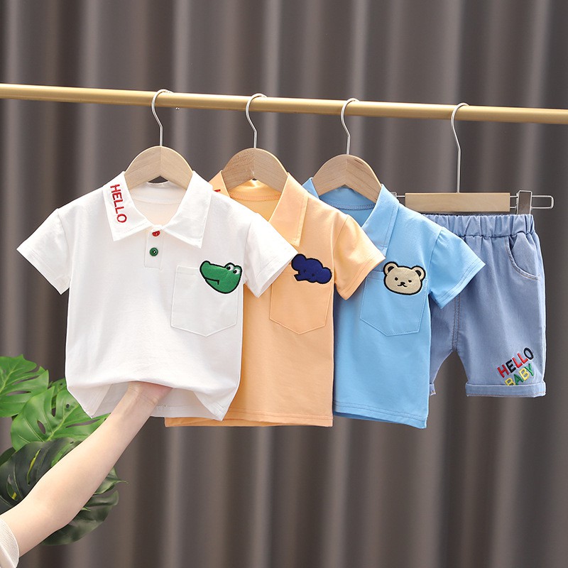SET ÁO POLO BÉ TRAI THÊU HÌNH CON VẬT, ÁO THUN COTTON TRẺ EM VÀ QUẦN DENIM CHO SIZE TỪ 1-4 TUỔI S1158