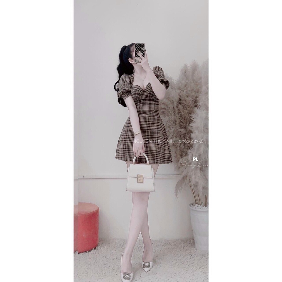 Đầm váy nữ cổ vuông tay phồng (có mút ngực) from dáng xòe dễ thương thời trang nữ cho nàng dự tiệc, dạo phố siêu xinh | BigBuy360 - bigbuy360.vn