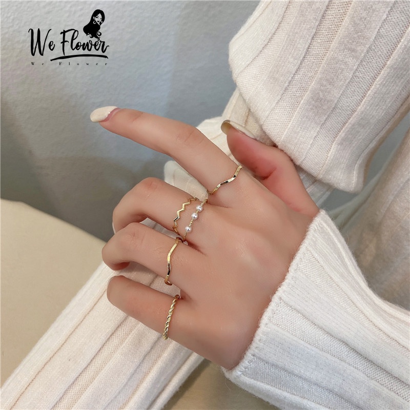 Set 5 Nhẫn We Flower Đính Ngọc Trai Thời Trang Hàn Quốc Cho Nữ