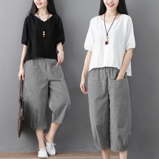 Set 2 sản phẩm áo thô đũi và quần kẻ bom chất đẹp kèm ảnh thật